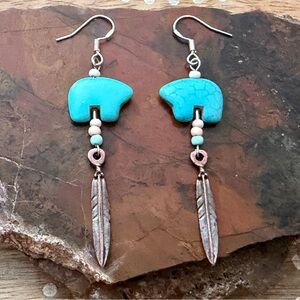 New Boho Turquoise Dyed Howlite Bear & Seed Bead Feather Earrings